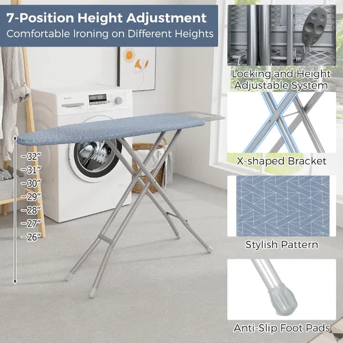 Vista 3 de COSTWAY Tabla de planchar con soporte de hierro, soporte de hierro de tamaño completo con 3 capas de cubierta extra gruesa, 7 alturas ajustables