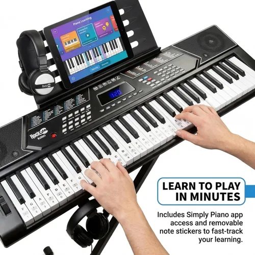 Vista 3 de RockJam - Piano de teclado de 61 teclas con kit de curva de tono, banco para piano, auriculares, aplicación Simply piano y calcomanías para notas