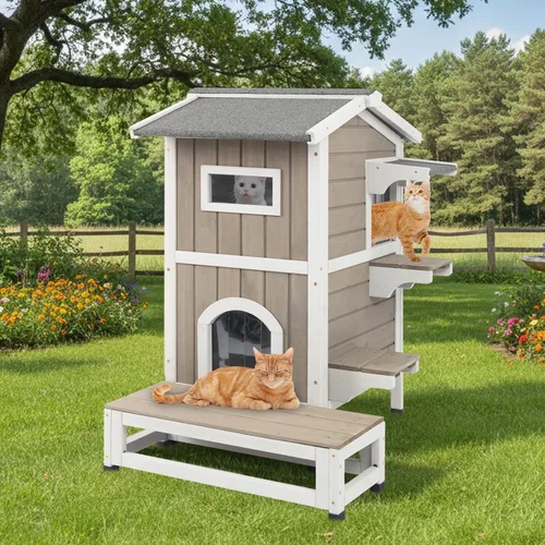 Vista 9 de Casa para gatos de varios niveles para exteriores, resistente a la intemperie con balcón, refugio de 4 puertas