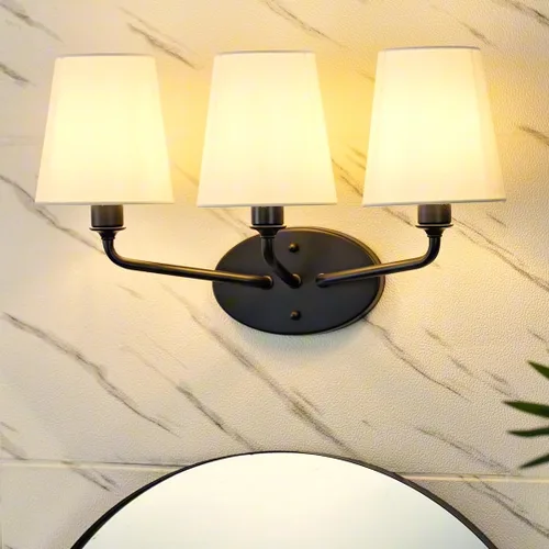 Vista 10 de Emak Lámpara de baño de 2 luces, moderna lámpara de tocador de níquel cepillado con pantalla de tela, apliques de pared para baño, sala de estar