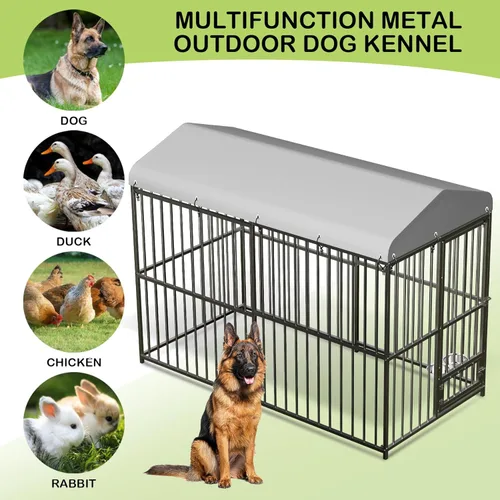 Vista 2 de GarveeTech Jaula para perros de 8 x 8 x 6 pies, jaula de metal resistente con cubierta superior impermeable, cuenco de alimentación giratorio