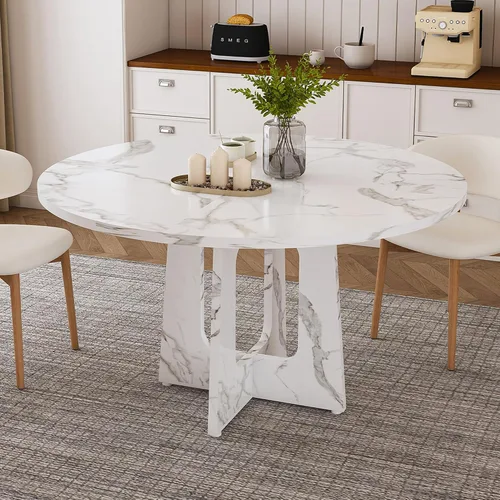 Vista 13 de Mesa de comedor redonda estilo granja para 6, mesa de cocina circular de 47" MDF con acabado de grano de madera, mesa de cocina y comedor de madera