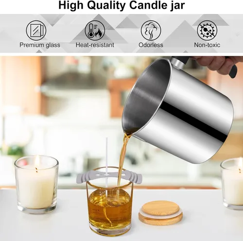 Vista 4 de ABK Tarro de vela de vidrio de 7 onzas, tarros redondos para velas, paquete de 12 con tapas de bambú y 20 etiquetas en blanco, tarros vacíos