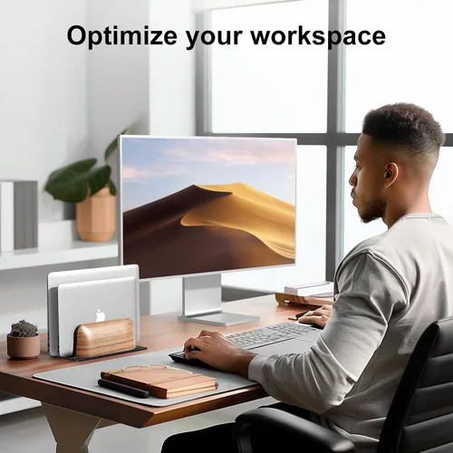 Vista 5 de UPERGO Soporte vertical para laptop, soporte vertical de madera de doble ranura para escritorio, base ajustable de ancho para MacBook Pro y otras