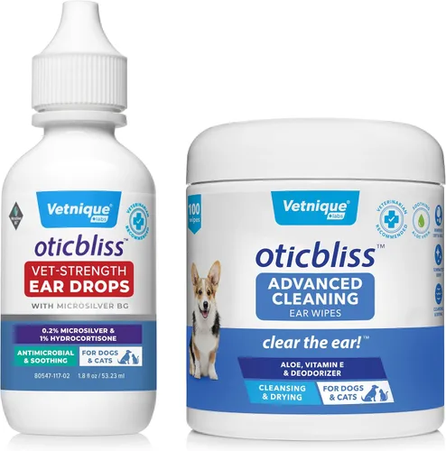 Vetnique Labs Oticbliss Vet-Strength Ear Drops with MicroSilver BG and Oticbliss Advanced Cleaning Wipes (100 Count) Bundle Advanced Ear Conditions