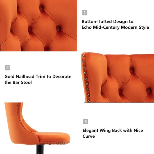 Vista 28 de Aoowow Juego de 2 taburetes de bar giratorios, taburetes de bar ajustables con respaldo de terciopelo copetudo, sillas de bar modernas tapizadas