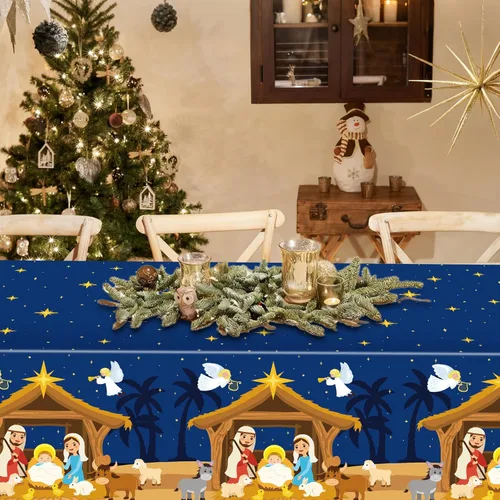 Vista 4 de Hahafelt 3 piezas de mantel de Navidad con escena del Nacimiento, 54 x 108 pulgadas, desechable, mantel de Adviento de Navidad, mantel religioso
