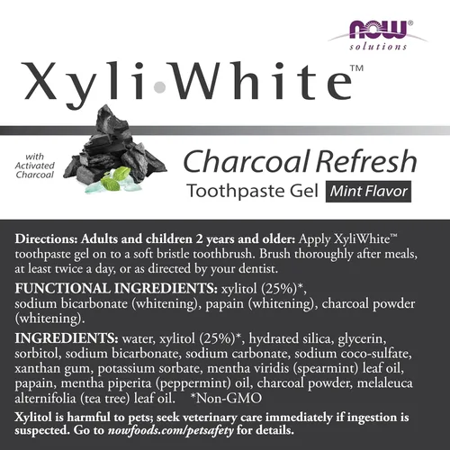 Vista 2 de NOW Solutions, Gel de pasta de dientes Xyliwhite, carbón refrescante con carbón activado, limpia y blanquea, sabor fresco, 6.4 onzas