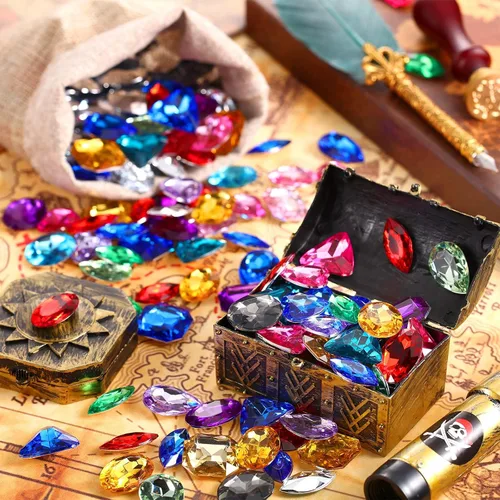 Vista 6 de Hicarer 100 piezas de gemas de juguete, tesoro pirata, joyas, gemas acrílicas falsas, diamantes de brillo multicolor, gemas de plástico con bolsa