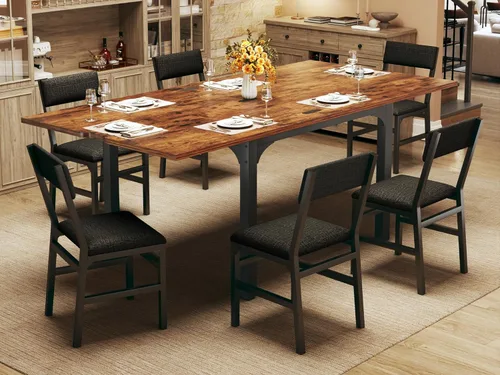 Vista 11 de Juego de mesa de comedor de 7 piezas para 4-6, sillas extensibles para mesa de cocina, juego de 6 con 6 sillas, mesa de comedor rectangular con Negro