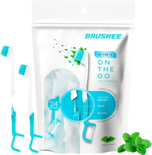Vista 10 de Brushee - La evolución del cuidado bucal Herramienta 4 en 1 (pasta + cepillo + hilo dental + púa) Envuelto individualmente Desechable