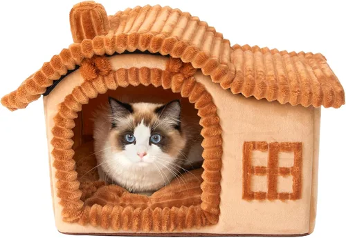 Vista 13 de Jiupety Casas de Gatos con Forma de Oso para Gatos de Interior, Cueva de Cama para Gatos Linda con Chimenea, Suficiente Espacio Interior, Casa Suave