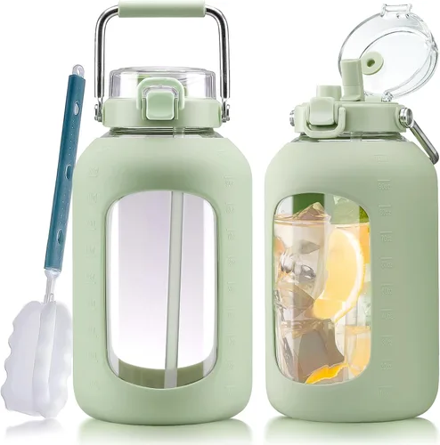 Vista 8 de WINSA Botella de agua de vidrio de 84 onzas con asa de acero inoxidable, botella de agua de 2.4L con tapa de pajita 2-EN-1, funda de silicona