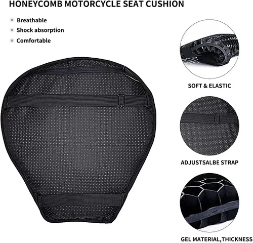 Vista 4 de Cojín universal de asiento de gel para motocicleta, cojín de asiento de panal 3D con funda de asiento de motocicleta para un viaje cómodo y largo