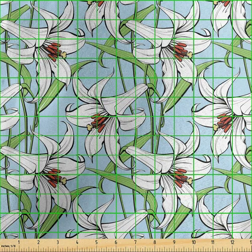 Vista 3 de Ambesonne Flower Fabric by The Yard, Pattern with Flourishing Lilies Garden Growth Spring Season Illustration, Decorative Satin Fabric for Home