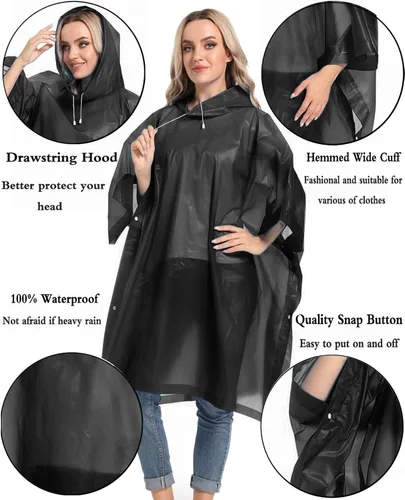 Vista 4 de Ponchos de lluvia reutilizables con capucha con cordón para adultos, abrigo de lluvia grueso impermeable, 2 paquetes