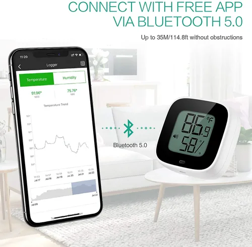 Vista 2 de Termómetro inalámbrico higrómetro para iPhone/Android, sensor de temperatura de humedad Bluetooth inteligente con alarma y almacenamiento de datos