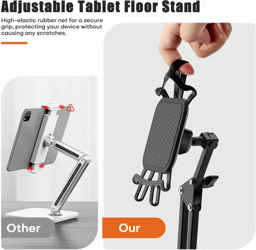 Vista 2 de BIGASUO Soporte de suelo para tableta, soporte universal de metal para tableta, soporte ajustable de ángulo de altura de montaje en altura, soporte