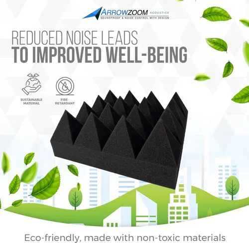 Vista 2 de Arrowzoom 12 paneles de espuma acústica, 10 x 10 x 4 pulgadas, panel piramidal negro de alta densidad, con cancelación de ruido, tratamiento