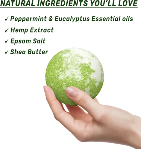 Vista 5 de Bombas de baño de cáñamo orgánico con infusión de aceite esencial de eucalipto de menta, regalos esenciales de baño de lujo para piel seca Sumérgete