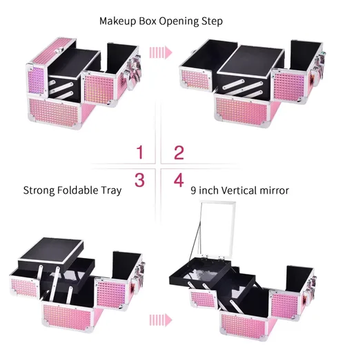 Vista 8 de Joligrace Makeup Train Case Makeup Case Organizer Portable Cosmetic Box Storage with 2 Trays Mirror Locking Make Up Travel Case for Nail Kits