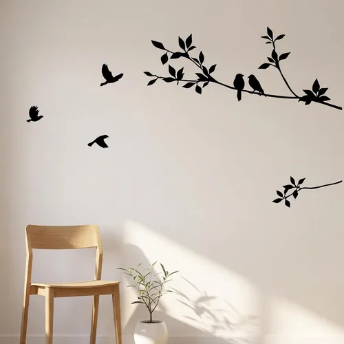 Vista 8 de Vinilo decorativo para pared con dibujo de aves volando y ramas de árboles Negro