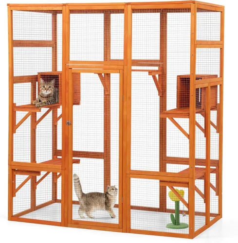 Vista 10 de Catio grande y elegante de madera para gatos al aire libre, jaula para gatos y corridos, ventana de gatito para interiores con techo impermeable, 7