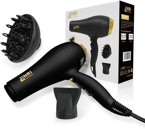Vista 5 de JINRI Secador de pelo, 2000W, 3 calor y 2 velocidades, entrada de aire desmontable, con difusor, con concentrador, correa para colgar, no plegable
