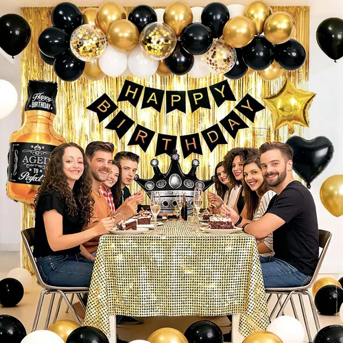 Vista 5 de Decoraciones de cumpleaños negras y doradas con pancarta de feliz cumpleaños, cortinas, botella, corona, globos de estrella de corazón y luz LED