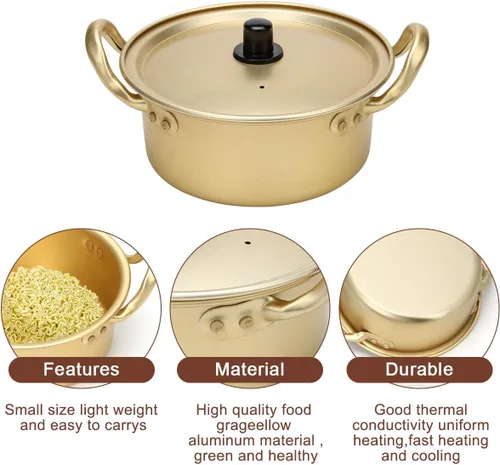 Vista 2 de Korean Ramen Cooking Pot, AHIER Korean Ramen Noodle Pot With Lid, Spoon and Chopsticks (1pair), Fast Heating for Kitchen Cookware (Double handle)