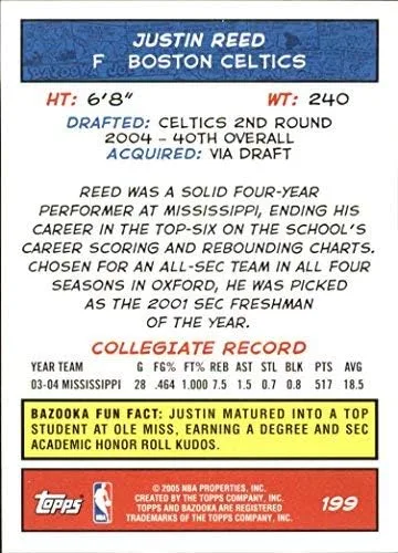 Vista 2 de 2004-05 Topps Bazooka #199 Justin Reed RC NBA Basketball Trading Card