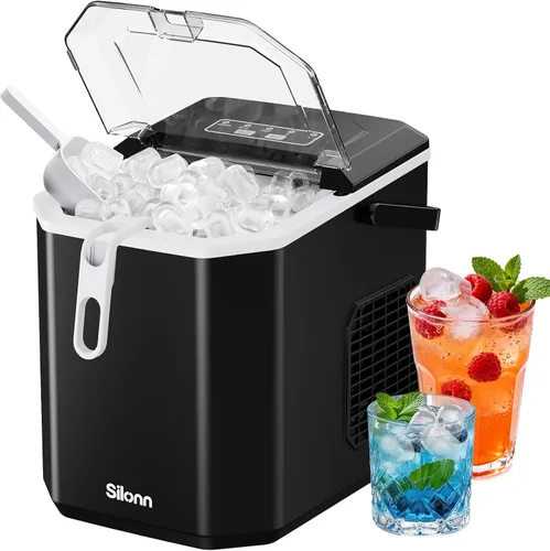 Silonn - Máquina de hielo para encimera, máquina de hielo portátil con asa de transporte, máquinas de hielo autolimpiables con cesta y cuchara, 9