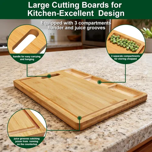 Vista 2 de Tablas de cortar para cocina – Tabla de cortar de bambú integrada con 3 compartimentos y ranuras para jugos – Bandeja de servir para carnes
