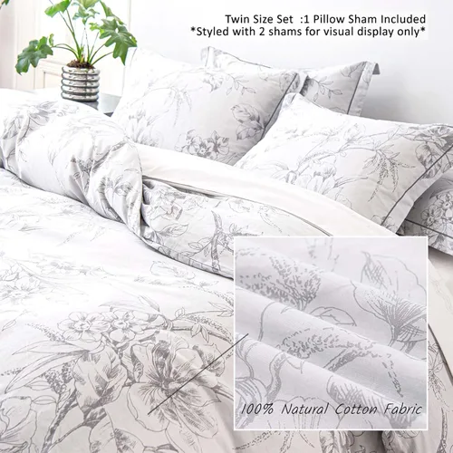 Vista 3 de Juegos de Fundas de Edredón Florales de Algodón 100% Natural de 2 Piezas - Funda de Edredón Blanco Grisáceo con Patrón de Flores y Ramas Lujosas