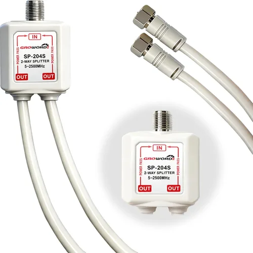 Vista 8 de Divisor de cable coaxial de 2 vías, divisor CATV de 5-2500 MHz con cable coaxial RG6 de 6 pulgadas y 2 conectores coaxiales, para pasar alimentación