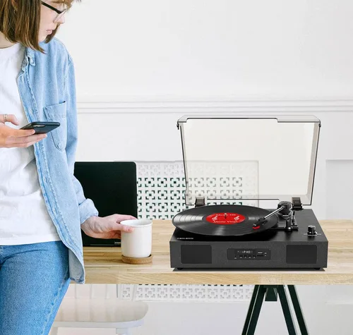 Vista 4 de Tocadiscos de discos de vinilo con altavoces estéreo integrados, tocadiscos vintage de 3 velocidades para discos de vinilo, grabación USB SD