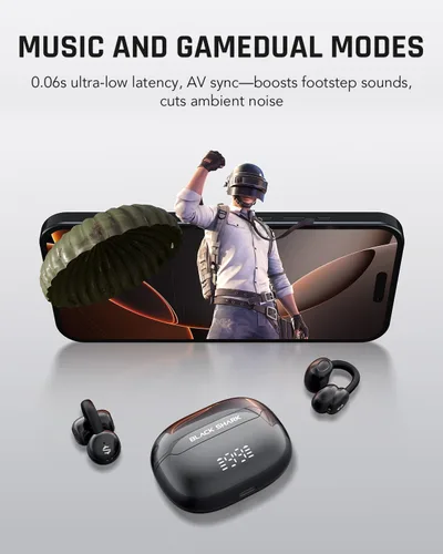 Vista 11 de Black Shark Auriculares con clip, auriculares abiertos, modos duales de música y juego, diseño ligero de pantalla digital de 0.18 onzas, llamadas