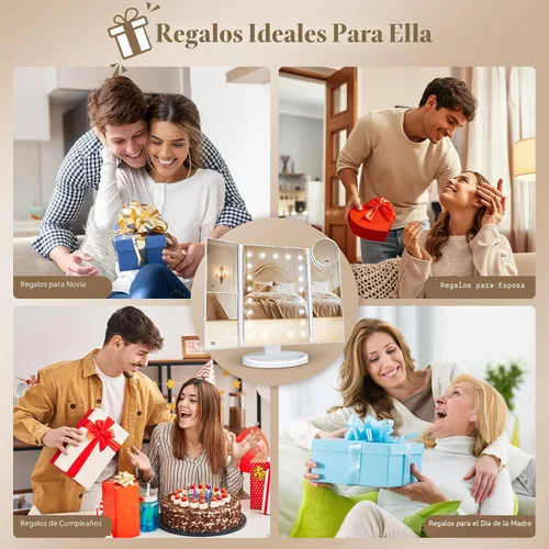 Vista 5 de HUONUL - Espejo para maquillaje con luces LED, aumento de x1, x2 y x3, iluminado, control táctil, espejo triple plegable, fuente de alimentación
