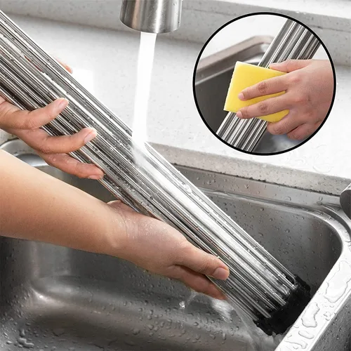 Vista 4 de Escurridor de platos enrollable de acero inoxidable sobre el fregadero para platos de cocina, tazas
