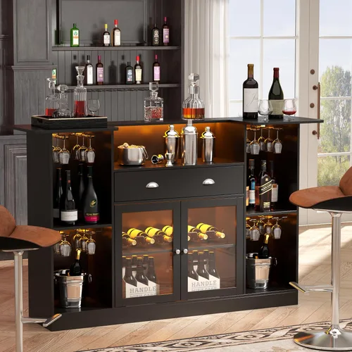 Vista 6 de Loomie Armario de mesa de bar con LED y cajón, mini barra de licor con almacenamiento de 8 niveles y soporte para vasos, soporte de barra de alcohol