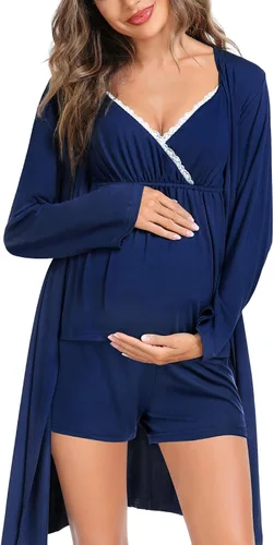 SWOMOG Conjunto de bata de maternidad para mujer, 3 piezas, pijama de lactancia para lactancia materna, 3 en 1, parto de parto, hospital, embarazo