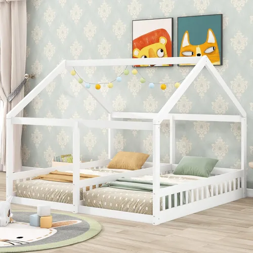 Vista 3 de Harper & Bright Designs Montessori - Cama doble individual, cama de suelo con rieles y techo, plataforma de madera maciza para niños, adolescentes