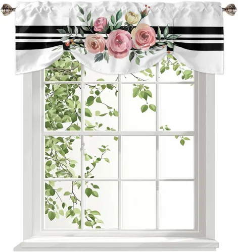Vista 27 de Cenefas botánicas de acuarela para ventanas de cocina, cenefa de cortina de hojas verdes, cortinas cortas de rama de plantas con bolsillo