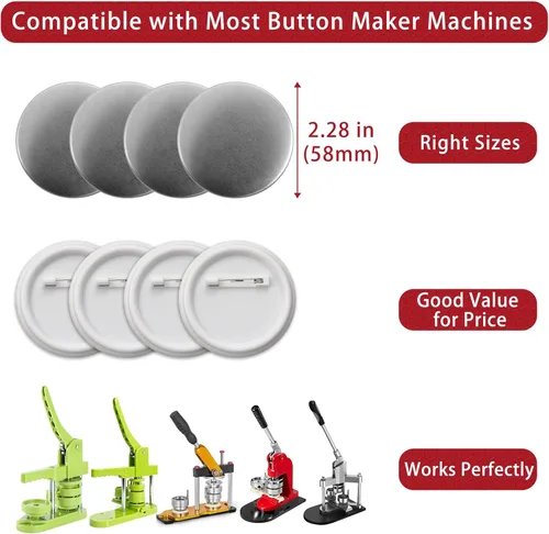 Vista 3 de 200 juegos de suministros para máquina de botones, partes de botón de 58 mm / 2.28 pulgadas, aproximadamente 2.25 pulgadas de partes en blanco