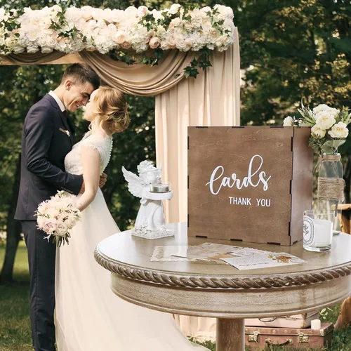 Vista 4 de OurWarm Caja de tarjetas de boda con tapa, caja de tarjeta de regalo de madera para recepción de boda, caja de dinero rústica sobre para bodas