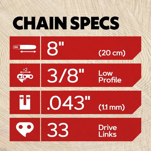 Vista 3 de Oregon Paquete de 3 Cadenas de Sierra de Pértiga 3/8" Paso LP, Calibre .043" (1.1 mm) para Barra de 8" (20cm), 33 Eslabones de Transmisión – Cadena