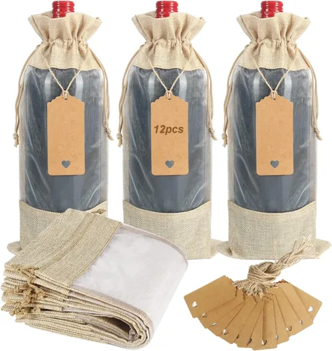 Vista 9 de Bolsas de vino de yute, 10 bolsas de arpillera roja para botellas de 25.4 fl oz con ventana transparente, bolsas de regalo de organza con cordón
