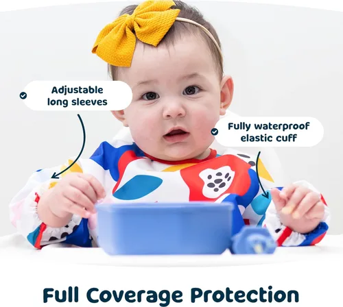 Vista 4 de Tiny Twinkle Babero a prueba de desorden, lindo traje con babero de manga completa, baberos impermeables para niños pequeños, lavable a máquina