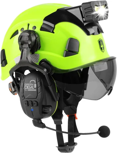 Vista 11 de Casco de seguridad con visera GREEN DEVIL con orejeras Bluetooth y faro 5 en 1 Protección completa Cascos de Construcción con ventilación Hardhat