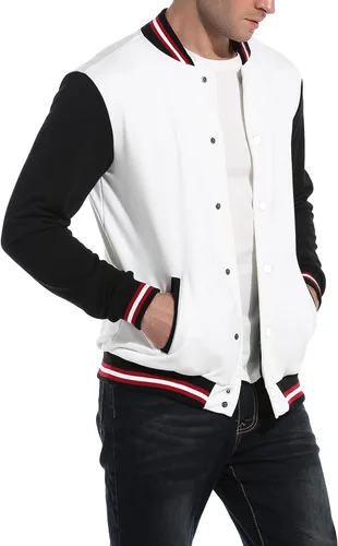 Vista 3 de COOFANDY - Chaqueta universitaria de moda para hombre, informal, ajustada y de algodón, chaqueta del equipo, de béisbol, cazadora